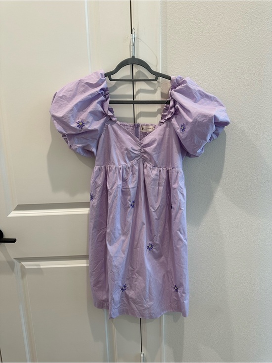 The Impeccable Pig Dresses & Skirts - The Impeccable Pig Lilac Puff Sleeve Mini Dress with Floral Embroidery
